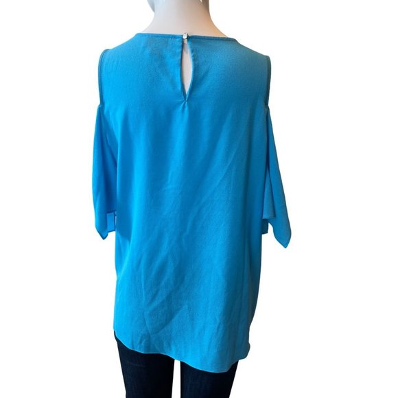 CeCe Womens Cold Shoulder Blouse Top Round Neck Keyhole Back Aqua Blue Size M - Picture 2 of 7